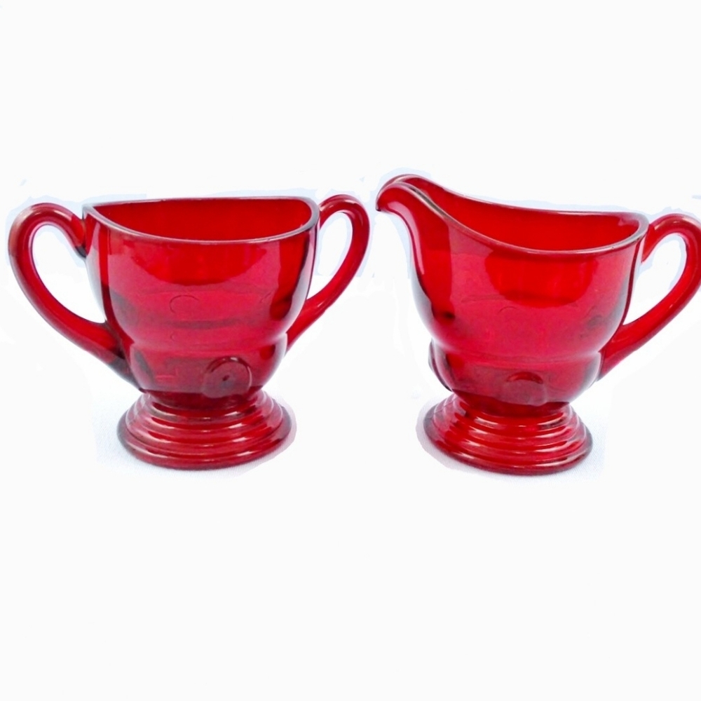 Vintage Martinsville Moonstone Pattern Red Ruby Glass Set Of Creamer And Sugar